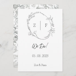 Floral Black & White Botanical Line Art Invitation Kaart