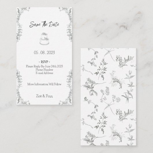 Floral Black & White Botanical Line Save The Date Notitiekaartje (Voorkant / Achterkant)