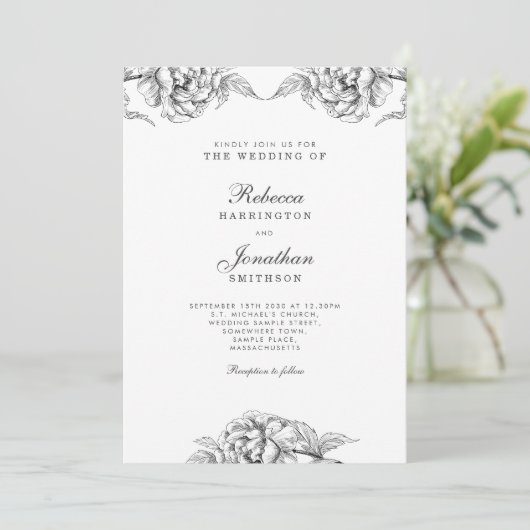  Floral Black White Botanical Wedding Kaart (Staand voorkant)