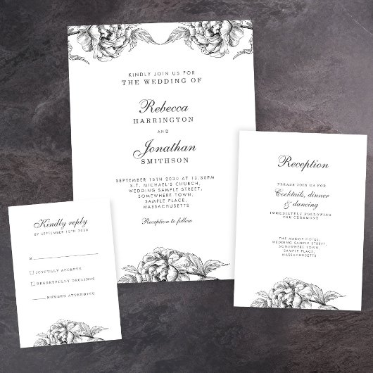 Floral Black White Botanical Wedding Kaart