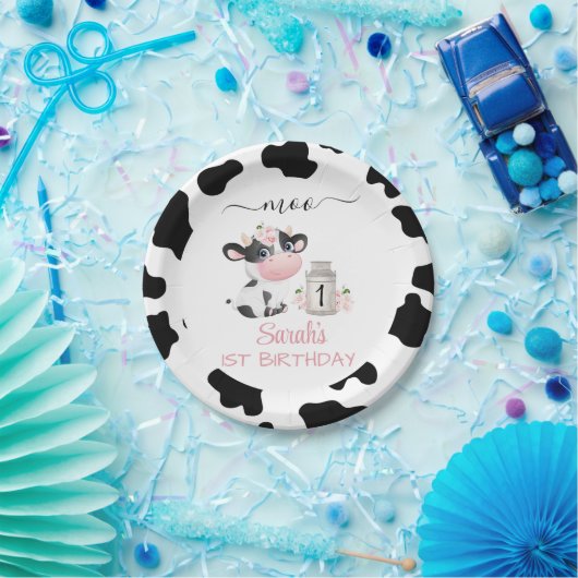 Floral Black White Koe Birthday Party Paper Bord (Feest)
