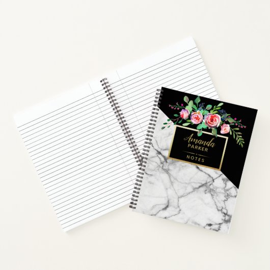 Floral Black White Marble Texture Designer Notes Notitieboek (Binnen)