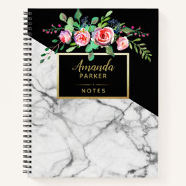 Floral Black White Marble Texture Designer Notes Notitieboek