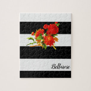 Floral Black White Stripe Jigzaag Puzzle Daisy Legpuzzel