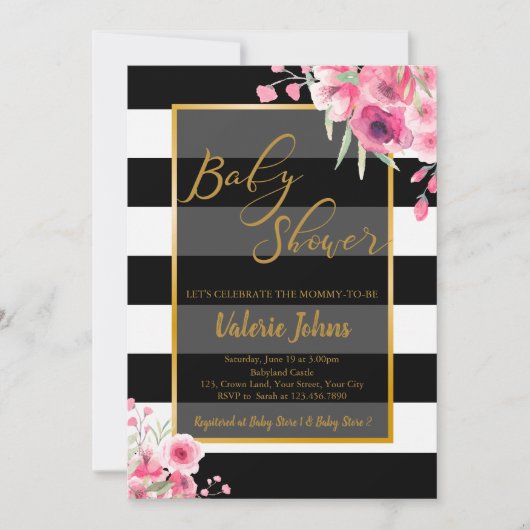  Floral Black White Stripe Kaart (Voorkant)