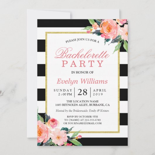 Floral Black White Stripes Gold Bachelorette Party Kaart (Voorkant)