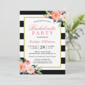 Floral Black White Stripes Gold Bachelorette Party Kaart (Staand voorkant)