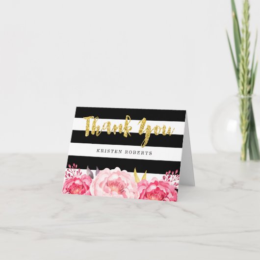 Floral Black White Stripes Gold Glitter Hartelijk  Bedankkaart (Voorkant)