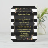 Floral Black White Stripes Gold Wedding Invitation Kaart (Staand voorkant)
