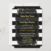 Floral Black White Stripes Gold Wedding Invitation Kaart (Voorkant)