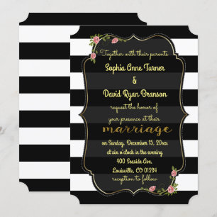 Floral Black White Stripes Gold Wedding Invitation Kaart