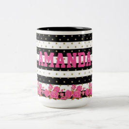 Floral Black & White Stripes met Gold Polka Dots Tweekleurige Koffiemok