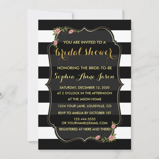 Floral Black White Stripes Vrijgezellenfeest Invit Kaart (Voorkant)