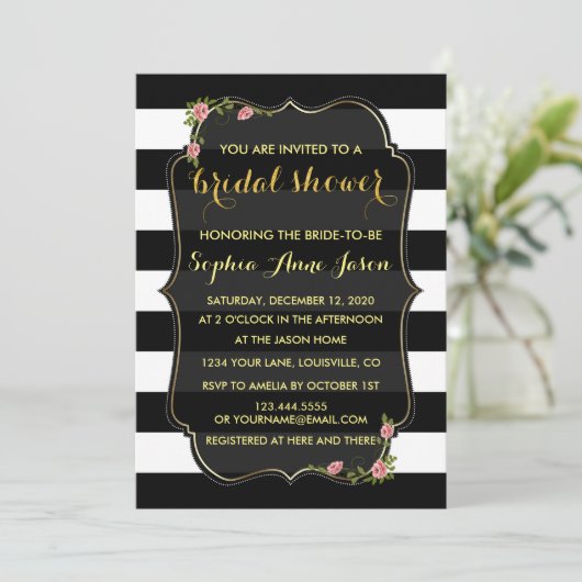 Floral Black White Stripes Vrijgezellenfeest Invit Kaart (Staand voorkant)