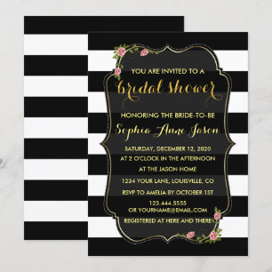 Floral Black White Stripes Vrijgezellenfeest Invit Kaart