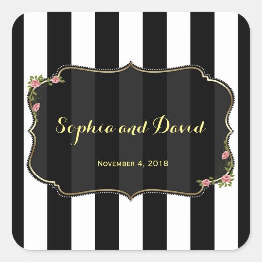 Floral Black White Stripes Wedding Custom Vierkante Sticker (Voorkant)