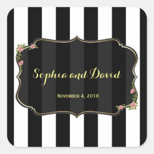 Floral Black White Stripes Wedding Custom Vierkante Sticker