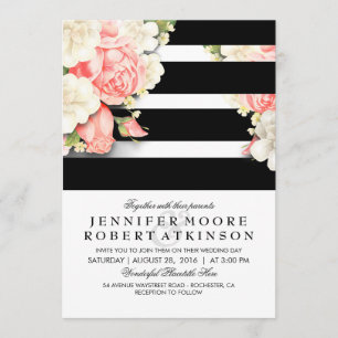  Floral Black White Stripes Wedding Kaart