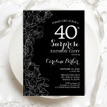 Floral Black White Surprise 40e verjaardag Kaart<br><div class="desc">Floral Black White Surprise 40th Birthday Party Invitation. Minimalistisch modern design met botanische accenten en lettertype typografie. Eenvoudige bloemige uitnodigingskaart perfect voor een stijlvol vrouw verrassingsfeest. Kan op elke leeftijd worden aangepast. Uitnodigingen op Zazzle afdrukken of sjabloon voor digitaal afdrukken direct downloaden.</div>
