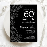 Floral Black White Surprise 60th Birthday Party Kaart<br><div class="desc">Floral Black White Surprise 60th Birthday Party Invitation. Minimalistisch modern design met botanische accenten en lettertype typografie. Eenvoudige bloemige uitnodigingskaart perfect voor een stijlvol vrouw verrassingsfeest. Kan op elke leeftijd worden aangepast. Uitnodigingen op Zazzle afdrukken of sjabloon voor digitaal afdrukken direct downloaden.</div>