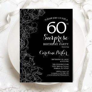 Floral Black White Surprise 60th Birthday Party Kaart