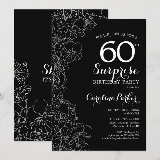 Floral Black White Surprise 60th Birthday Party Kaart (Voorkant / Achterkant)