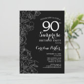 Floral Black White Surprise 90th Birthday Party Kaart (Staand voorkant)