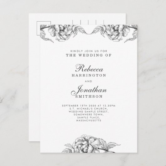 Floral Black White Wedding Invitation Briefkaart (Voorkant / Achterkant)
