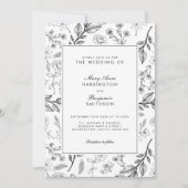 Floral Black White Wedding Kaart (Voorkant)
