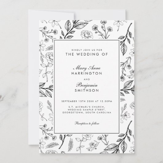 Floral Black White Wedding Kaart (Voorkant)