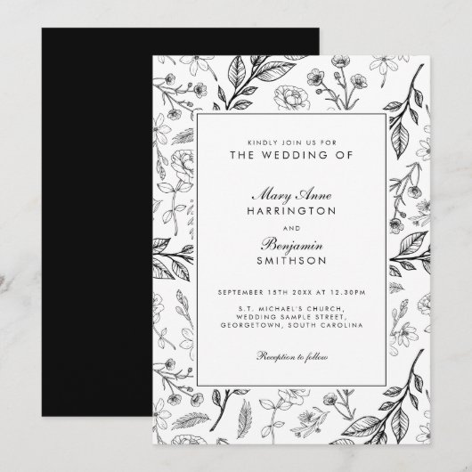 Floral Black White Wedding Kaart (Voorkant / Achterkant)