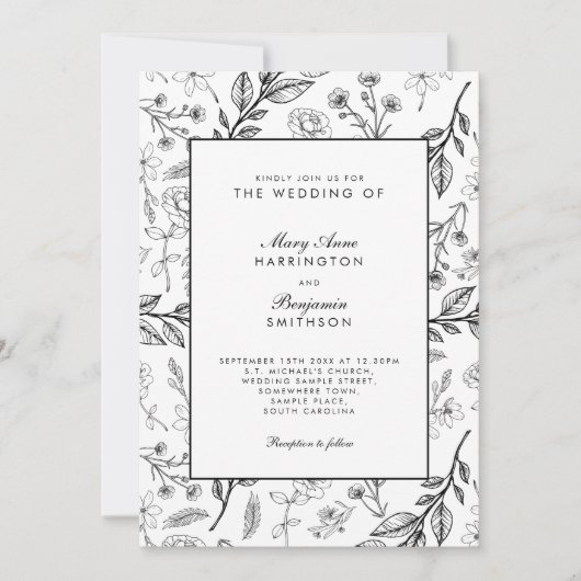  Floral Black White Wedding Kaart (Voorkant)