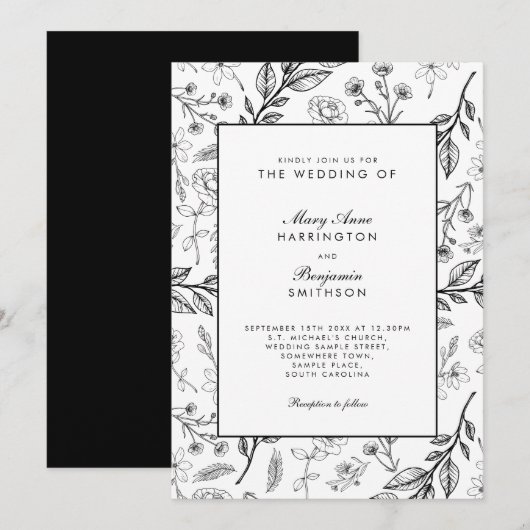  Floral Black White Wedding Kaart (Voorkant / Achterkant)