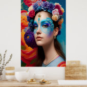 Floral blauw gezichtsopname poster (Keuken)