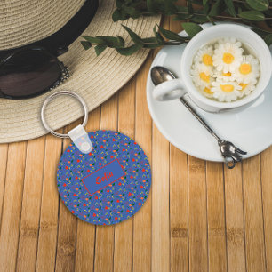 Floral blauw patroon wildbloemen noemen Sleutelhan Sleutelhanger