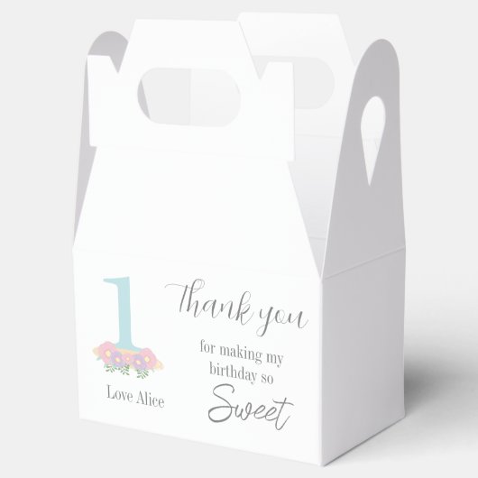 Floral blauw roze pastel 1e verjaardag Dank u Bedankdoosjes (Geopend)