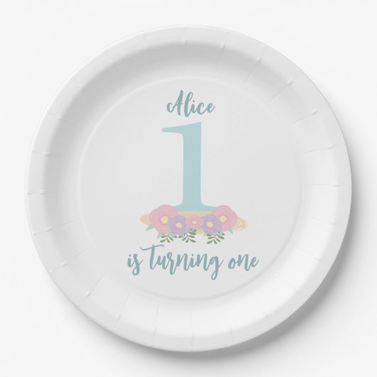 Floral blauw, roze pastel 1e verjaardag papieren bordje (Voorkant)