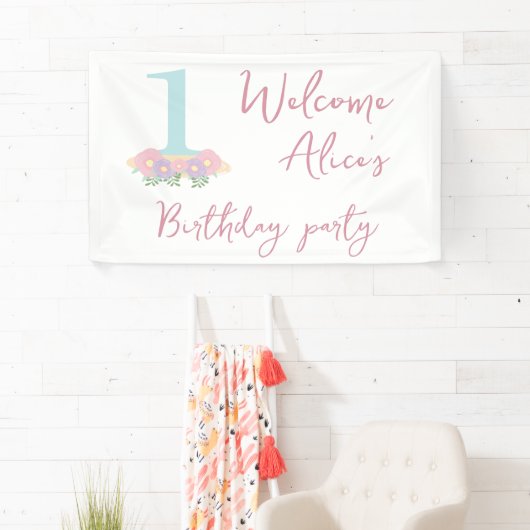 Floral blauw, roze pastel 1e verjaardag spandoek (Insitu)