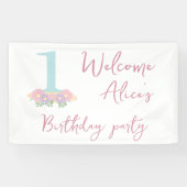 Floral blauw, roze pastel 1e verjaardag spandoek (Horizontaal)