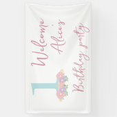 Floral blauw, roze pastel 1e verjaardag spandoek (Verticaal)