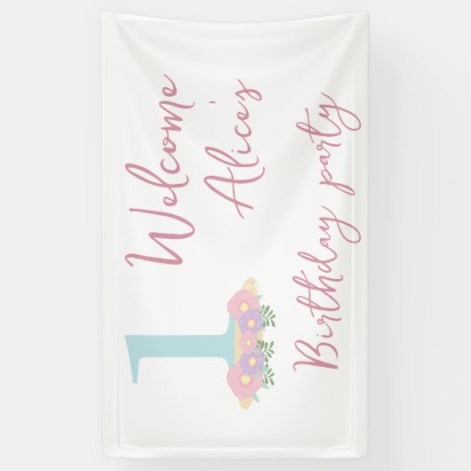 Floral blauw, roze pastel 1e verjaardag spandoek (Verticaal)