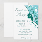 Floral Blauwgroen - 16-partijen uitgenodigd Kaart (Voorkant / Achterkant)