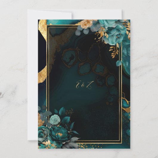 Floral Blauwgroen Agaat Goud Lijst bruiloft Kaart (Achterkant)