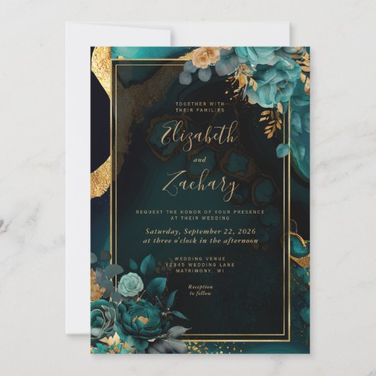 Floral Blauwgroen Agaat Goud Lijst QR Code Huwelij Kaart (Voorkant)