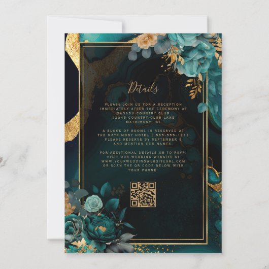Floral Blauwgroen Agaat Goud Lijst QR Code Huwelij Kaart (Achterkant)