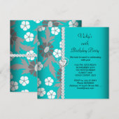 Floral Blauwgroen Blauwe Grijs Witte Dag Partij Kaart (Voorkant / Achterkant)