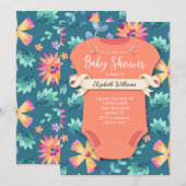 Floral Blauwgroen Blue Coral Pink Flowers Baby sho Kaart (Voorkant / Achterkant)