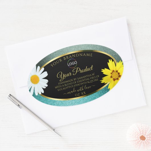 Floral Blauwgroen Blue Glitter Black Product Label (Envelop)