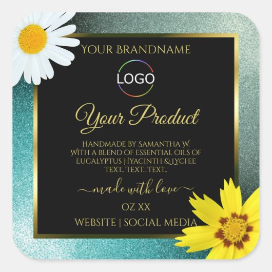Floral Blauwgroen Blue Glitter Black Product Label (Voorkant)