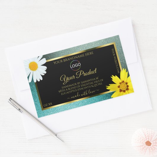 Floral Blauwgroen Blue Glitter Black Product Label (Envelop)